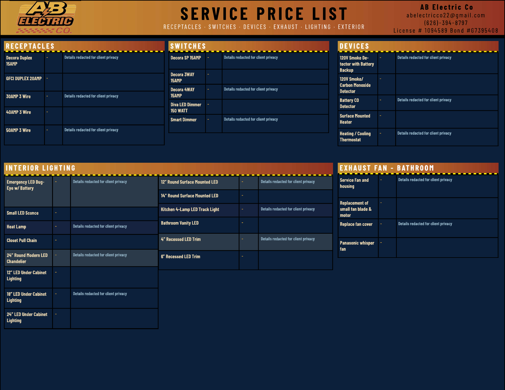 AB Electric Co. service price list